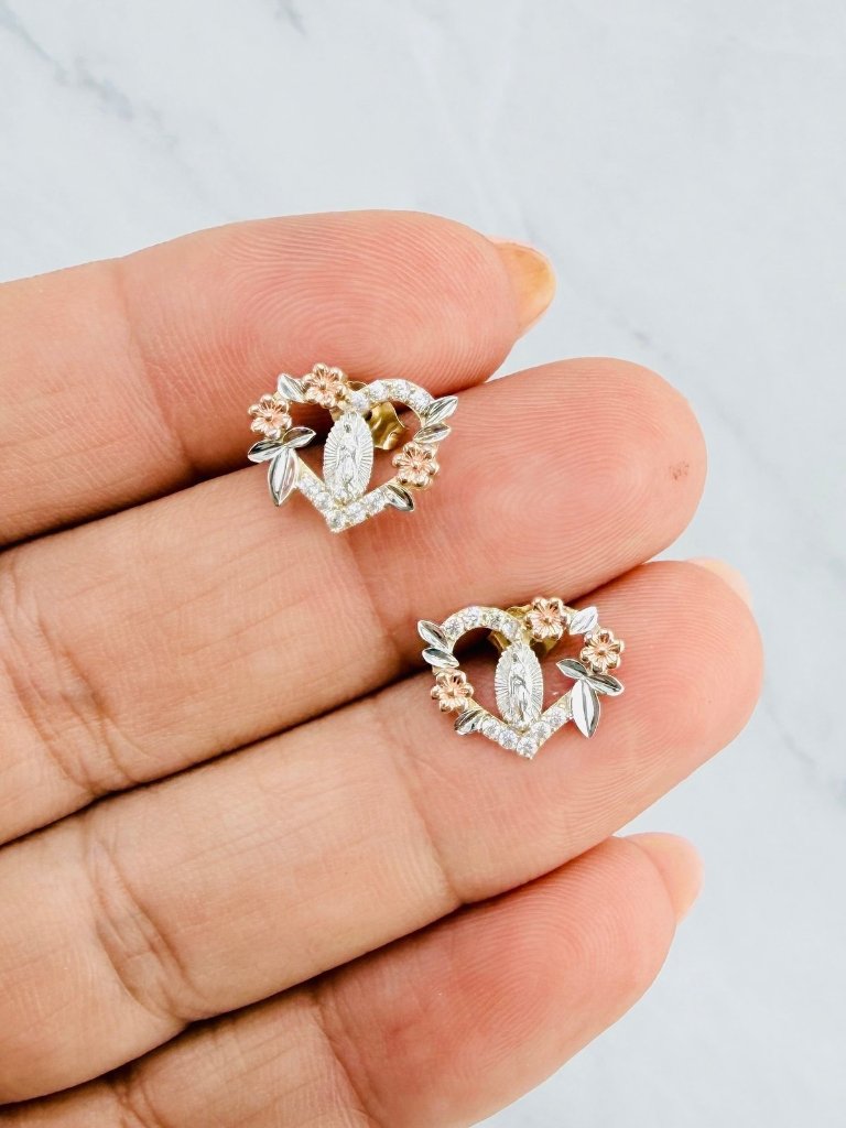 10k Solid Gold Virgin Mary Earrings Heart Aretes En Oro Virgen Guadalupe